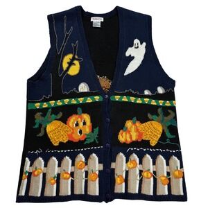 Talbots Vintage Halloween Sweater Vest Ghost Pumpkin Scarecrow Large Teacher